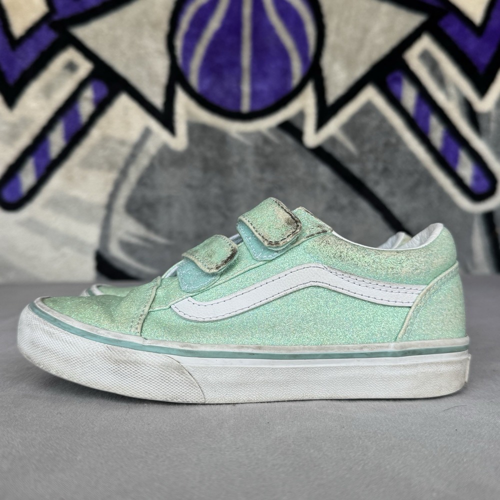 Size 1y - Vans Toddler Girls Old Skool V Glitter Mint Aqua Blue Shoes
